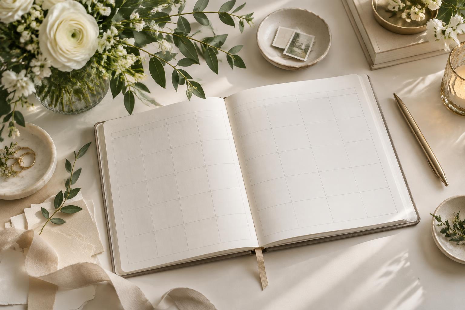 Calendar de planificare deschis pe o masă cu flori albe, papetărie și un stilou