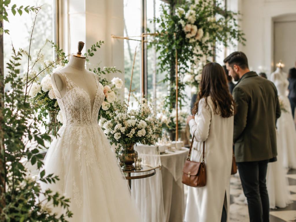 Rochie albă pe manechin într-un stand floral