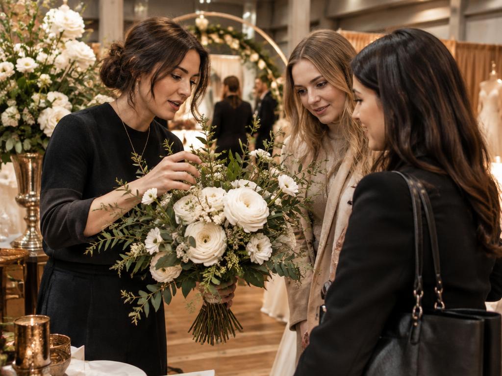 Floristă prezentând un buchet de flori vizitatoarelor